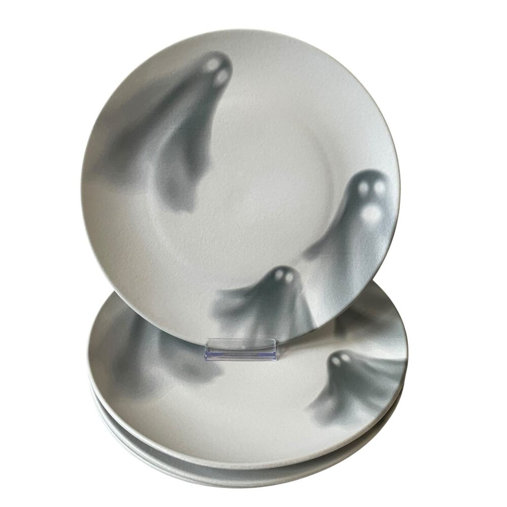 (4) Grammercy Studio Halloween Ghost Dinner Plates 10.5in Matte White Black BOO